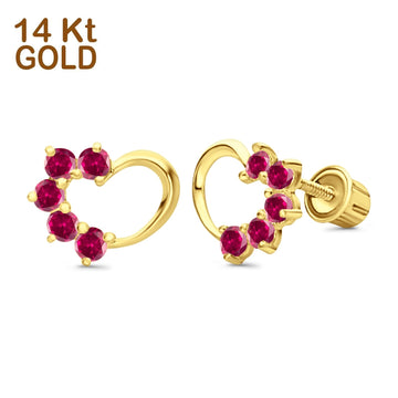 Solid 14K Yellow Gold Heart Stud Earrings Simulated Ruby CZ with Screw Back